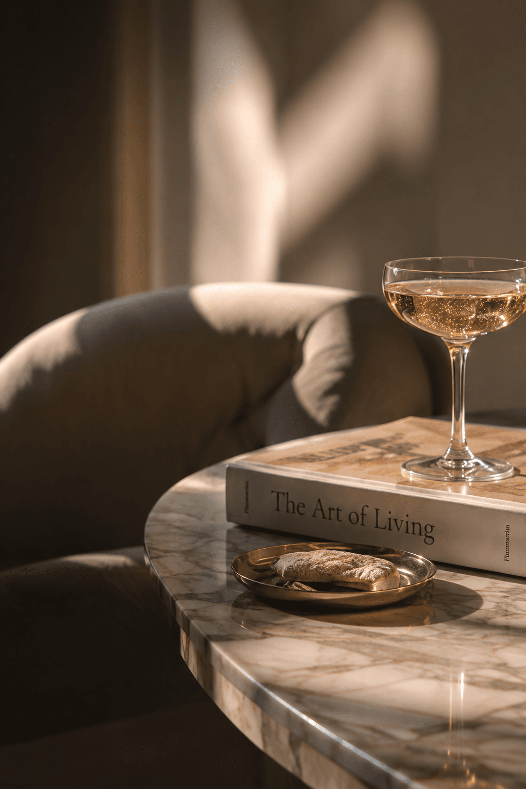 A softly lit chair and marble table set with champagne and a book